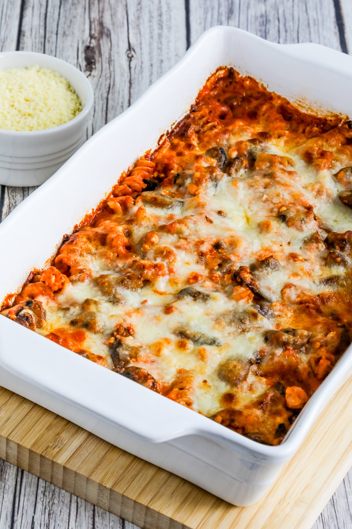 Cottage Cheese Pasta Bake with Mushrooms shown in baking dish.
