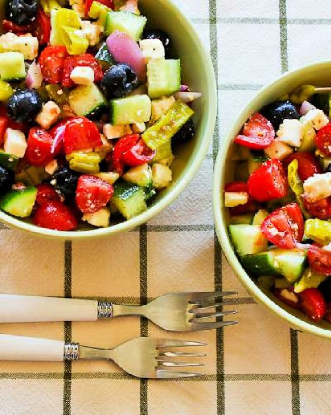 Chopped Greek Salad with Peperoncini cropped image of salad in two bowls.