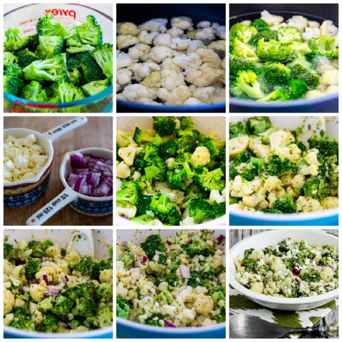 Broccoli and Cauliflower Salad with Feta collage of recipe steps