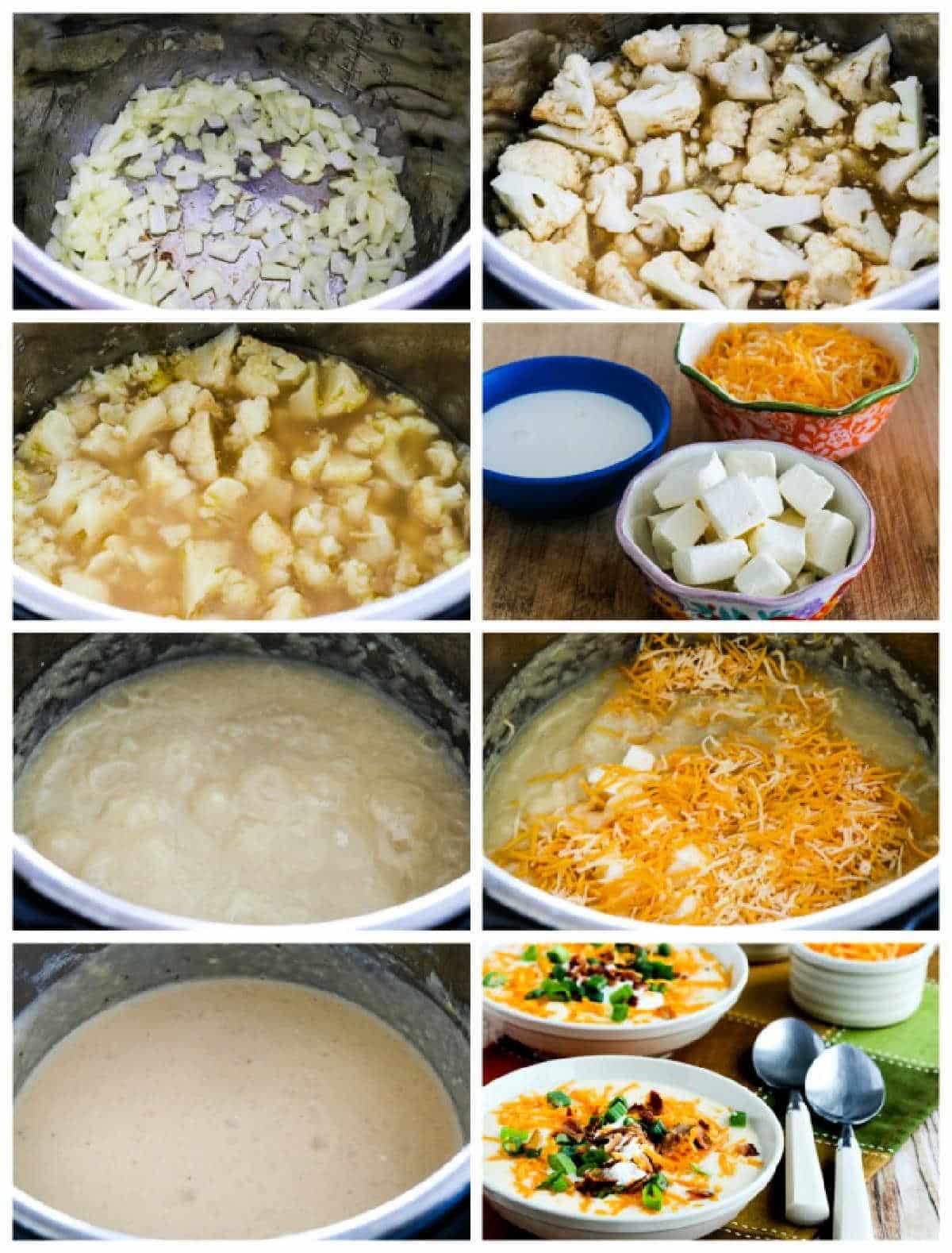 Instant Pot Loaded Cauliflower Soup collage of recipe steps