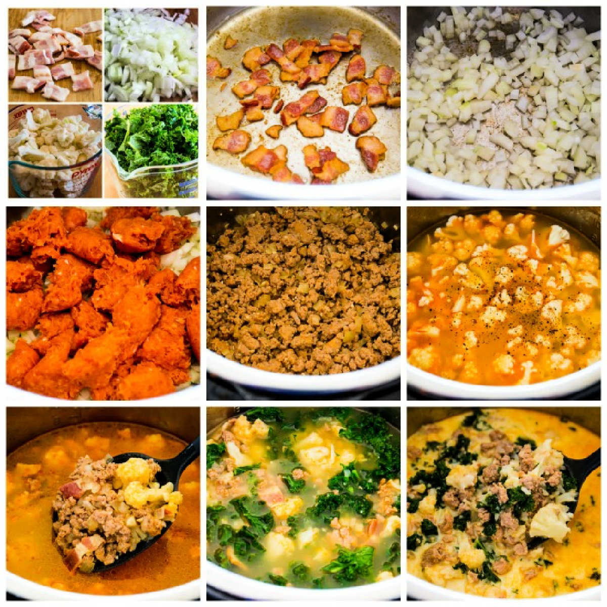 recipe steps collage for Instant Pot Zuppa Toscana Soup