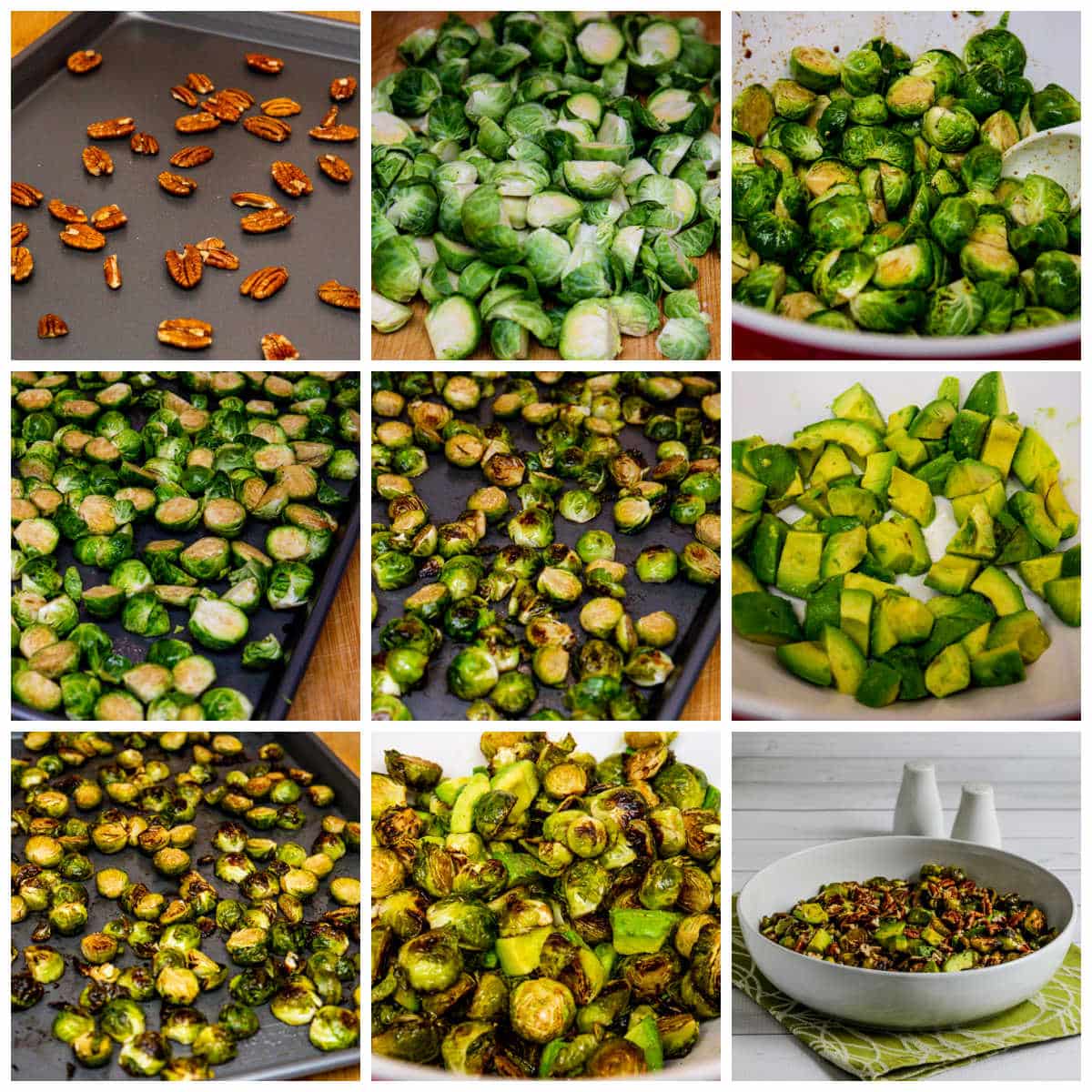 Roasted Brussels Sprouts with Avocados and Pecans collage of recipe steps