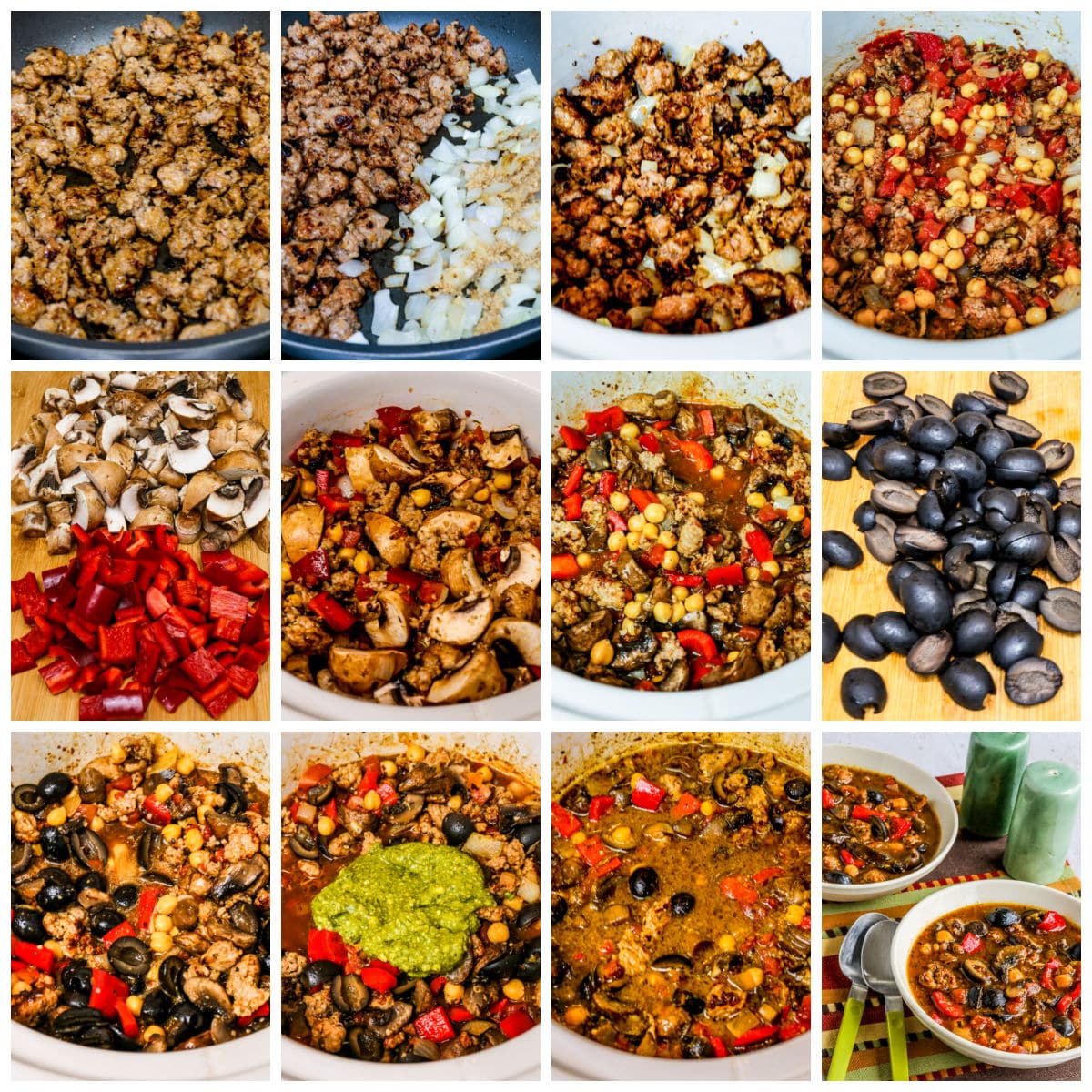 Collage photo showing recipes steps for slow cooker stew with chickpeas, sausage, tomatoes, pepper, mushrooms, and olives.