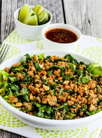 Thai-Inspired Turkey Larb Salad in serving bowl with dressing and limes in back.