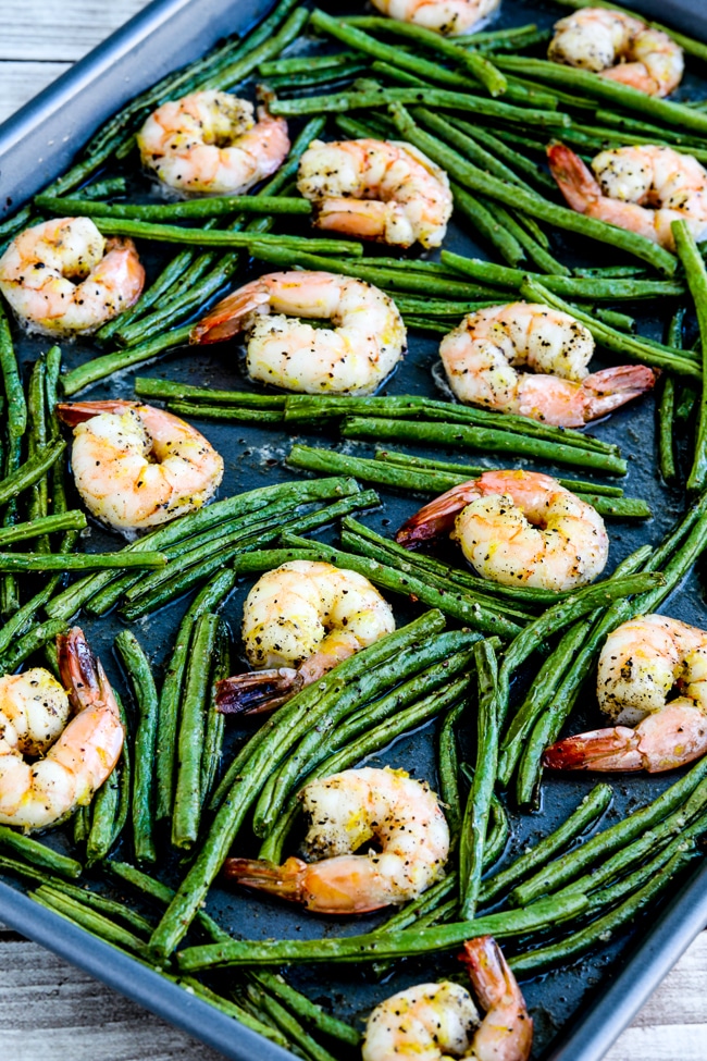 Green Beans and Shrimp Sheet Pan Meal close-up photo