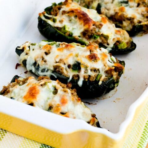 Cheesy Stuffed Poblanos with Ground Turkey found on KalynsKitchen.com