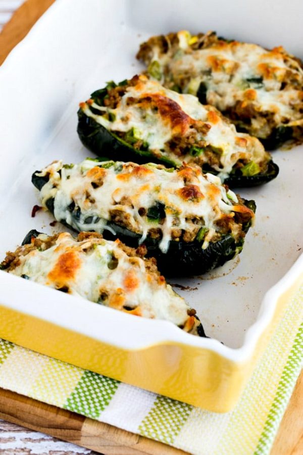 Cheesy Stuffed Poblanos with Ground Turkey found on KalynsKitchen.com