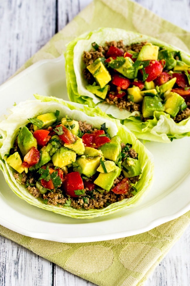 Turkey Lettuce Wrap Tacos close-up photo of two tacos on plate