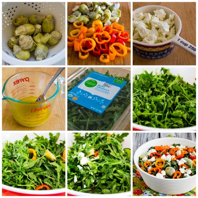 Step-by-step collage for Low-Carb Arugula Salad with Artichokes, Peppers, and Goat Cheese