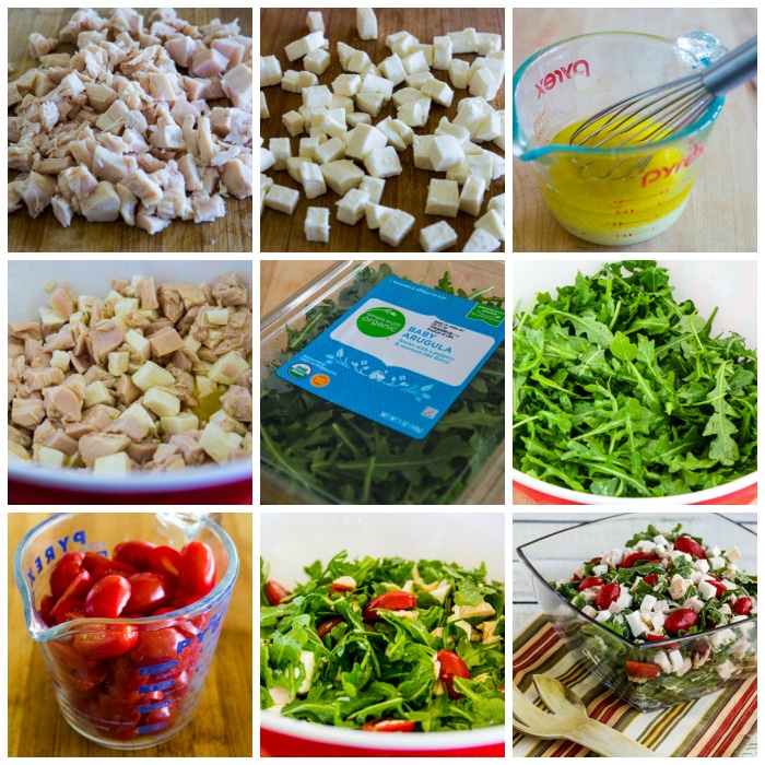 Baby Arugula Salad with Chicken, Mozzarella, and Tomatoes process shots collage