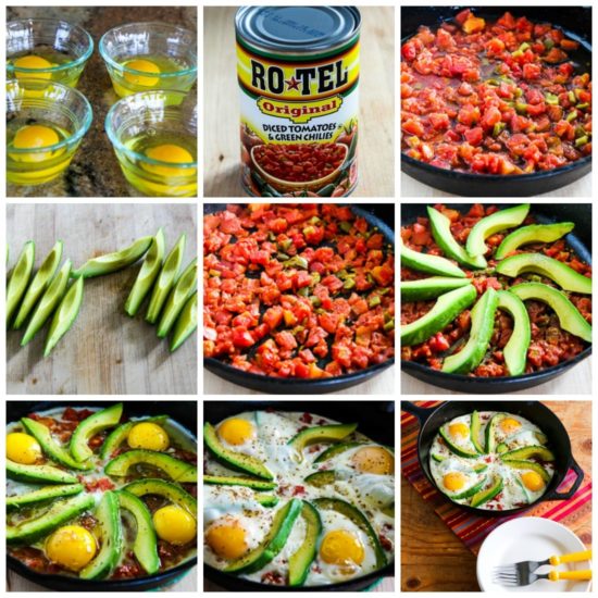 Baked Eggs Skillet with Avocado and Spicy Tomatoes process shots collage