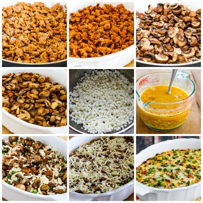 Low-Carb Breakfast Casserole with Italian Sausage, Mushrooms, and Cheese process shots collage
