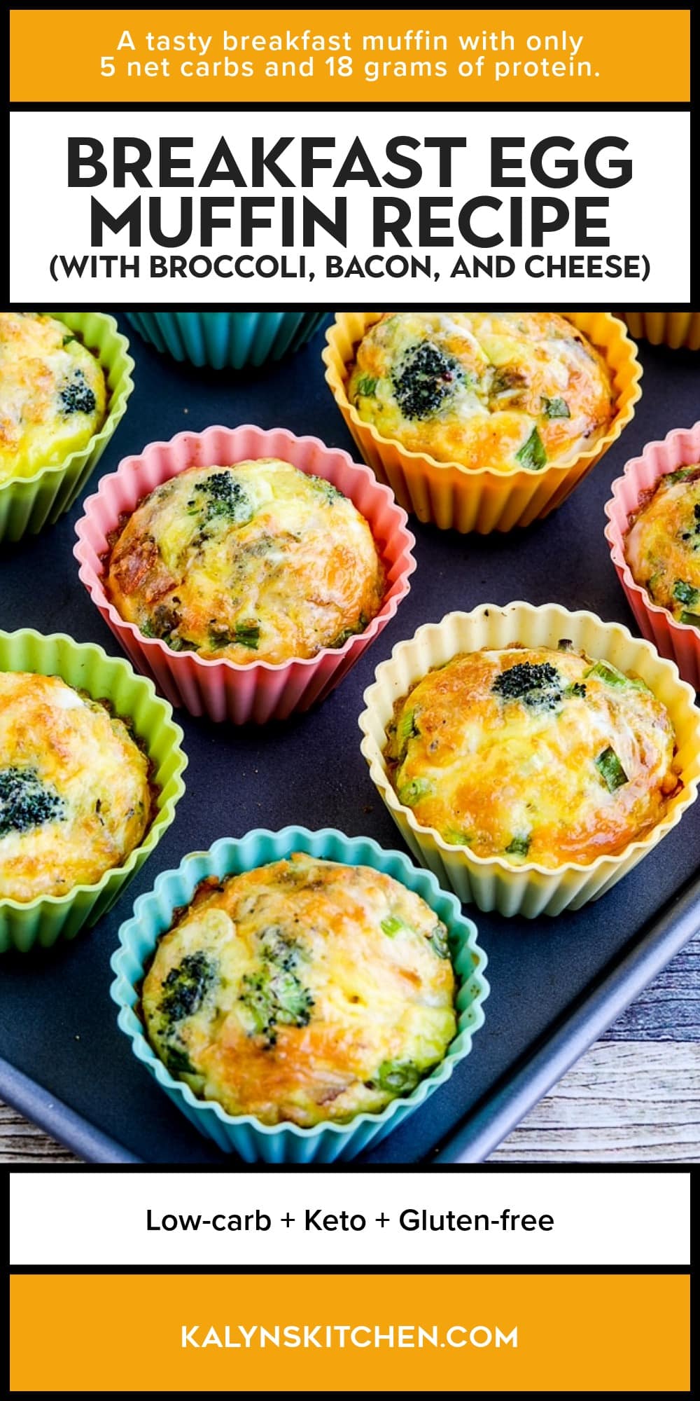 Pinterest image of Breakfast Egg Muffin Recipe (with Broccoli, Bacon, and Cheese)
