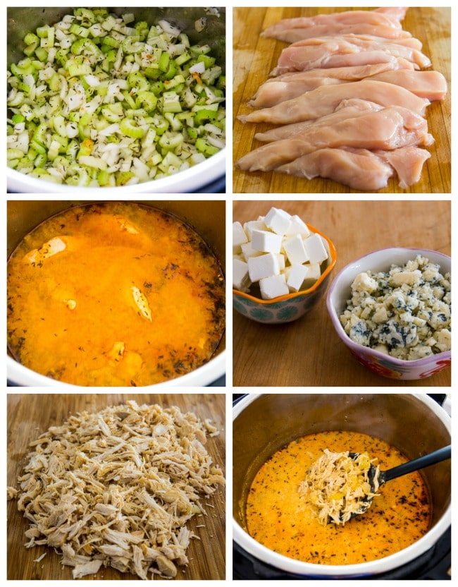 Instant Pot Low-Carb Buffalo Chicken Soup with Crumbled Blue Cheese process shots collage