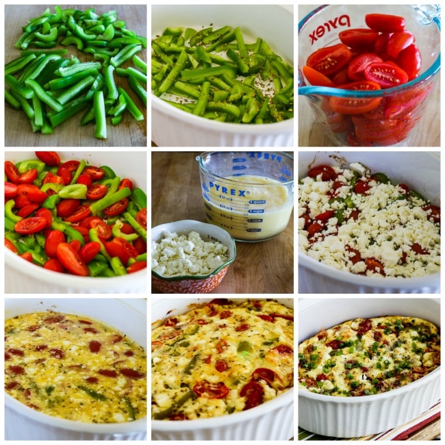 Roasted Green Pepper and Tomato Breakfast Casserole with Feta and Oregano process shots collage