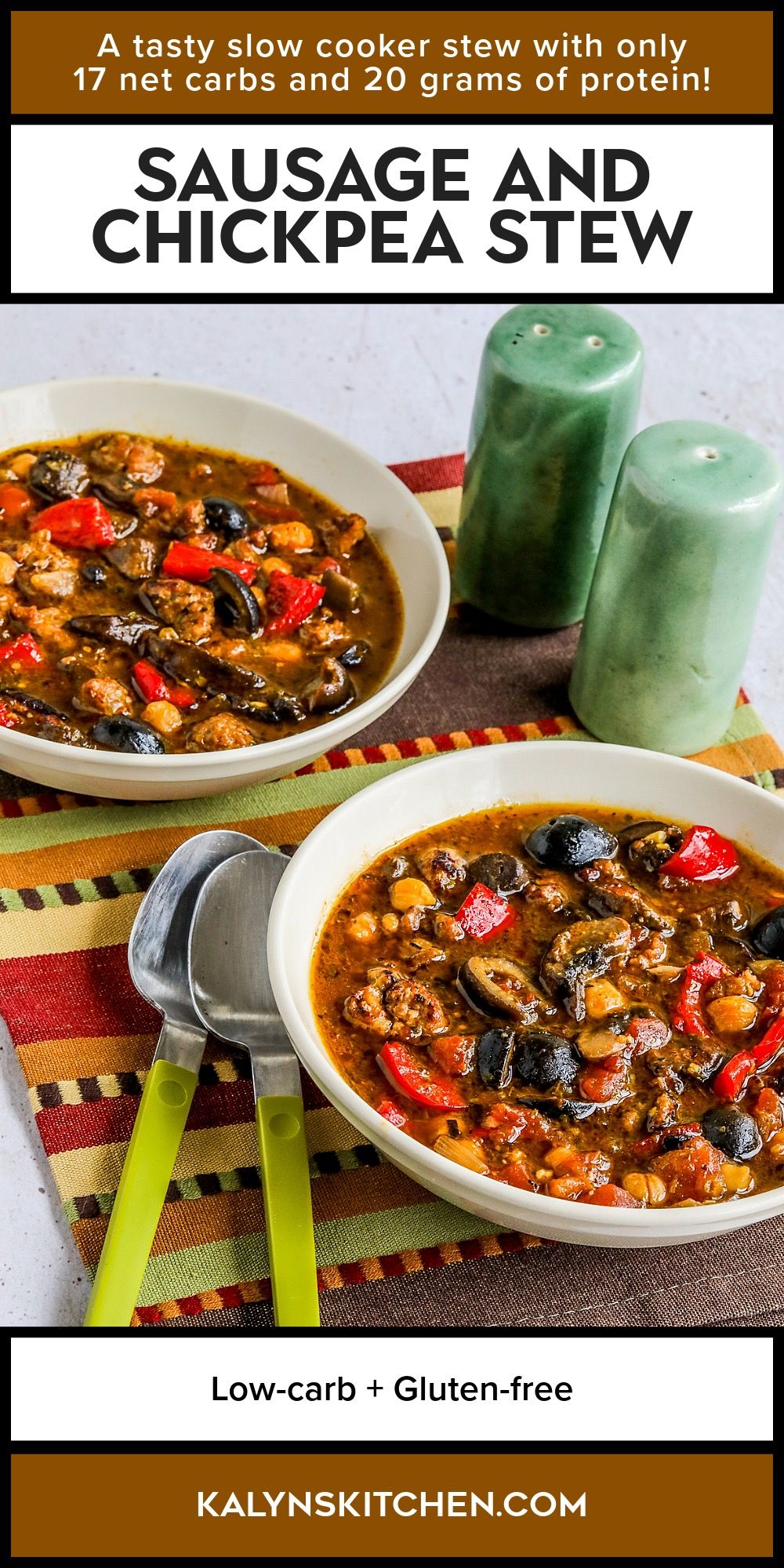 Pinterest image for Sausage and Chickpea stew with red peppers, mushrooms, olives, and pesto.
