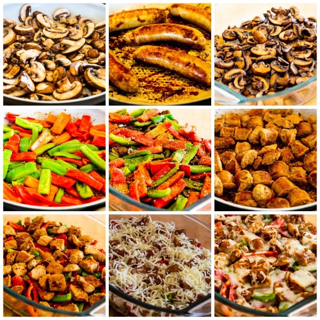 Sausage, Peppers, and Mushrooms Low-Carb Cheesy Bake process shots collage