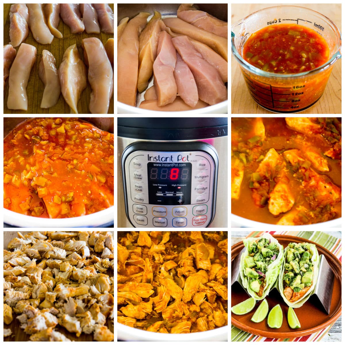 Spicy Shredded Chicken Lettuce Wrap Tacos collage of recipe steps.