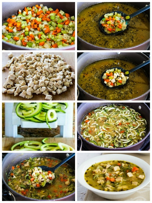 Low-Carb Turkey Soup with Zucchini Noodles process shots collage